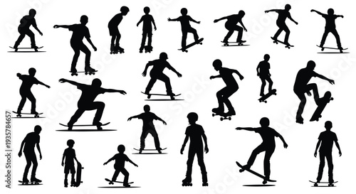 Dynamic vector silhouettes illustration capturing boys and young men skillfully skateboarding and rollerblading in various action poses.