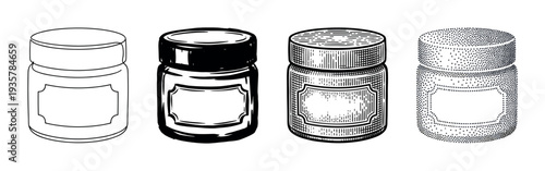 Four distinct glass jars with blank labels are illustrated in various black and white graphic styles, including outline, solid fill, hatching, and stippling, showcasing different artistic techniques
