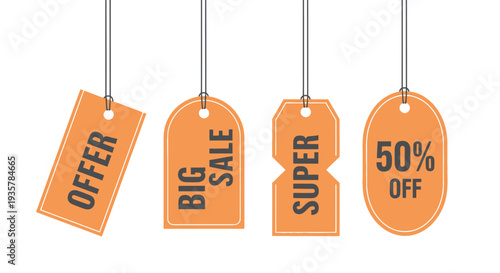 Vector graphic illustration of hanging orange discount labels for promotion and special shopping offers