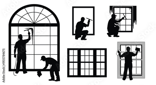 Collection of black silhouette vector graphics illustrating various workers cleaning different styles of glass windowpanes