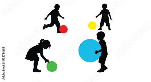Vector graphic illustration depicting silhouettes of diverse children playing with colorful inflatable balls outdoors