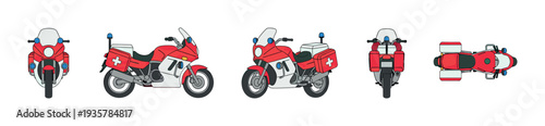 Red and white emergency medical motorcycle set shown from multiple angles including front, side, top, and rear views in a clean, flat vector illustration style for rescue services