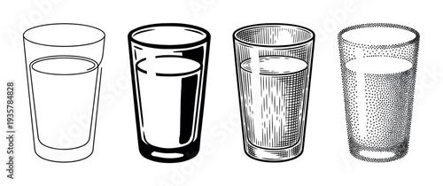 Four glasses of liquid illustrated in different artistic styles including minimalist line art, high-contrast stencil, vintage engraving, and modern stippling for a graphic concept