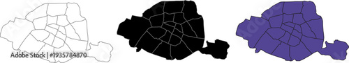A set of vector maps of the city of Paris with prefecture boundaries in three styles.