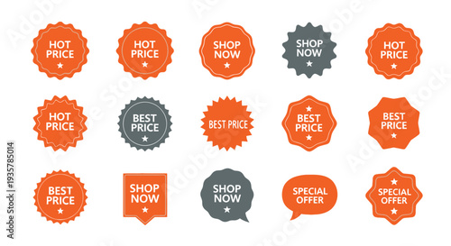 A collection of vector graphic sales labels and badges featuring promotional texts for marketing design.