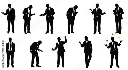 Collection of diverse businessman silhouette vector illustrations depicting various gestures and professional activities
