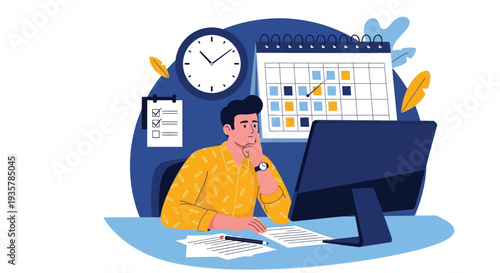 Thoughtful professional managing deadlines and prioritizing tasks using computer and daily schedule vector illustration