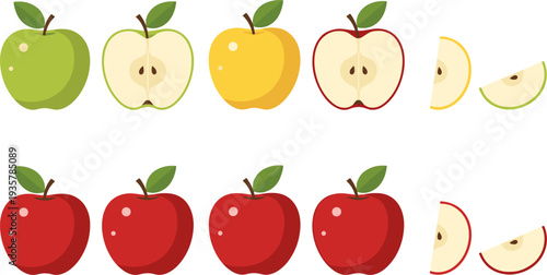 Apple Icon Set Featuring Whole Apples, Halves and Slices in Red, Green and Yellow for Fresh Fruit Design, Healthy Food Illustration and Grocery Graphics