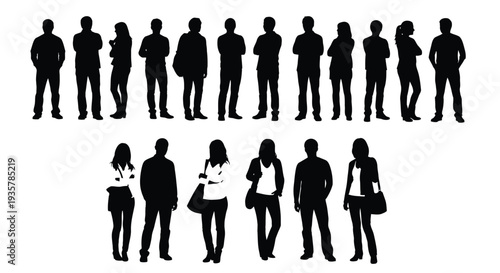 Diverse group of professional men and women vector silhouettes standing together on a white background illustration.