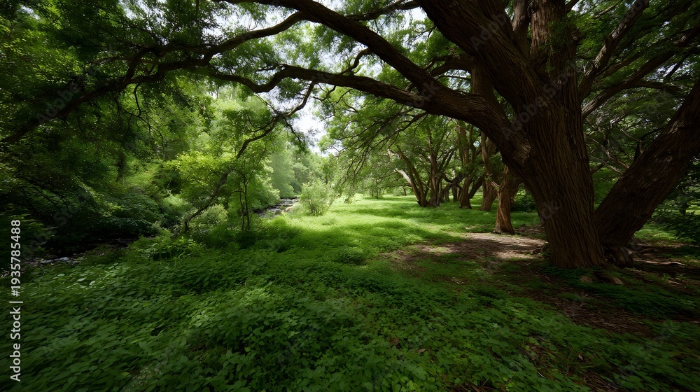 Fototapeta premium A sun d d forest path winds through lush green vegetation beside a gentle stream under the shade of ancient trees
