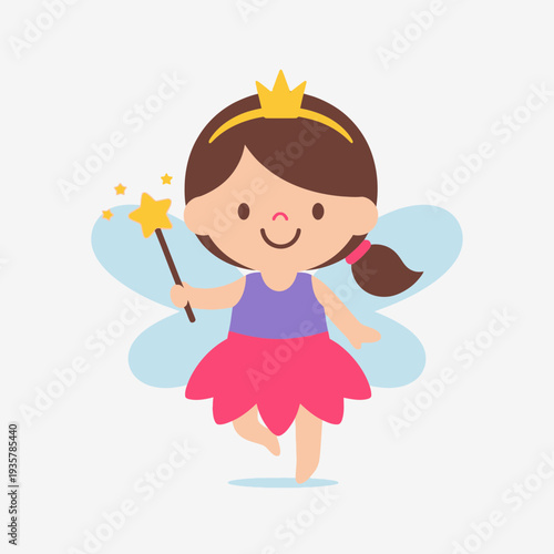 Cute Fairy Princess Cartoon Illustration – Magical Girl with Wand Vector Icon