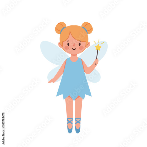 Cute Little Fairy Girl Cartoon – Magical Kids Fairy Character with Wand Vector Illustration