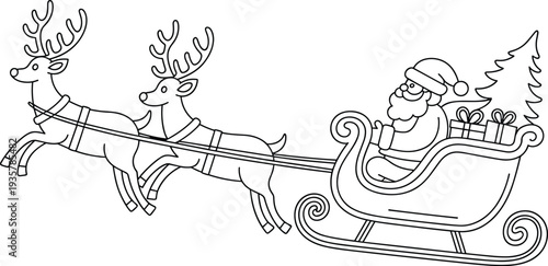 Santa sleigh silhouette illustration, flying reindeer artwork, festive Christmas design, holiday graphic pattern, black winter decorative element, seasonal celebration