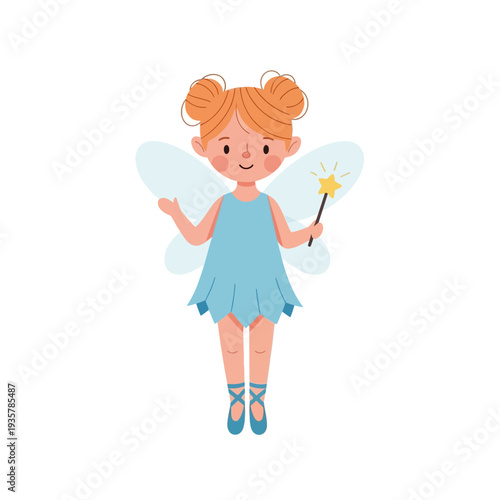 Cute Little Fairy Girl Cartoon – Magical Kids Fairy Character with Wand Vector Illustration