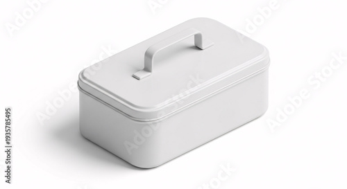 Isometric View of White Metal Toolbox with Handle on White Backdrop