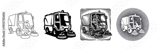 Set of four street sweeper truck illustrations showing different artistic styles including line art, silhouette, woodcut engraving, and stippling for graphic design projects