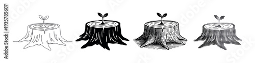 Set of four tree stump illustrations with a new sprout growing, showcasing different graphic styles like line art, silhouette, engraving, and halftone for rebirth concepts