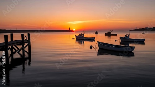 Serene sunset over calm waters with fishing boats and a distant lighthouse in the background