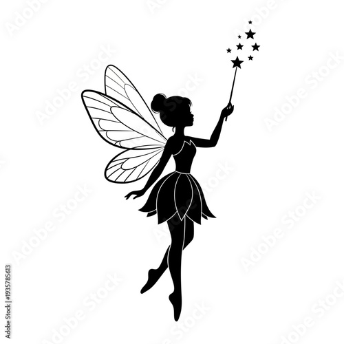 Fairy Silhouette with Magic Wand – Elegant Winged Pixie Fantasy Vector Illustration