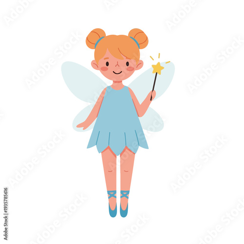 Cute Little Fairy Girl Cartoon – Magical Kids Fairy Character with Wand Vector Illustration