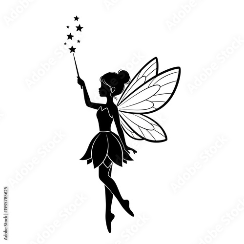 Fairy Silhouette with Magic Wand – Elegant Winged Pixie Fantasy Vector Illustration