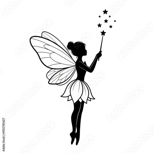 Fairy Silhouette with Magic Wand – Elegant Winged Pixie Fantasy Vector Illustration