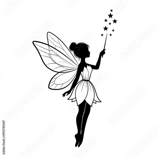 Fairy Silhouette with Magic Wand – Elegant Winged Pixie Fantasy Vector Illustration