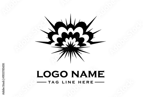 A graphic design template featuring a stylized explosion and shockwave diagram, with a logo name and tagline on a clean white background.