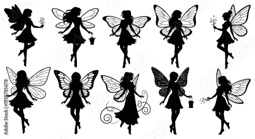 Fairy Silhouette Set – Magical Winged Pixie Characters Vector Illustration Collection