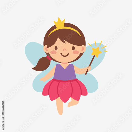 Cute Fairy Princess Cartoon Illustration – Magical Girl with Wand Vector Icon