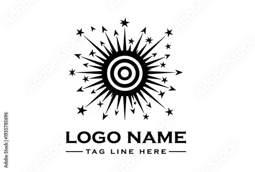 A graphic design featuring a stylized explosion and shockwave diagram with arrows and stars radiating from a central target logo on a white background.