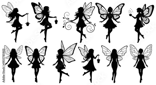 Fairy Silhouette Set – Magical Winged Pixie Characters Vector Illustration Collection