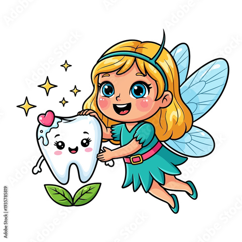 Cute Tooth Fairy Cartoon Illustration – Magical Fairy Girl with Happy Tooth Character