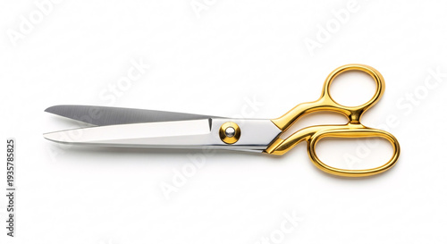 Open Gold Handled Scissors with Silver Blades Isolated on White Background in Flat Lay Studio Shot