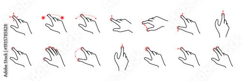 Hand gesture outline icon set showing click, tap and swipe interaction for user interface design.
