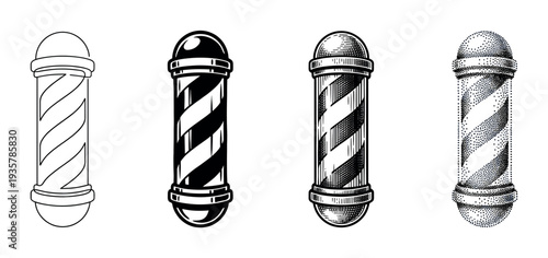 Set of four vintage barber pole icons presented in different artistic styles like line art, solid graphic, engraving, and pointillism for a classic barbershop theme
