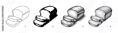 Four artistic illustrations of a sliced bread loaf demonstrating different graphic techniques like line art, high contrast, vintage engraving, and stippling in a numbered set