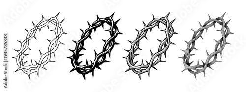 Set of four crown of thorns illustrations in different artistic styles including line art, ink, engraving, and stippling, representing a powerful religious symbol