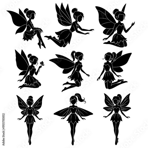Fairy Silhouette Collection – Magical Flying Pixie Vector Icon Set