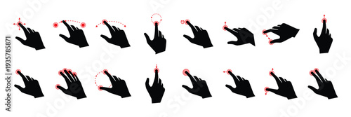 Hand gesture solid icon collection for touchscreen and mobile interface interaction.