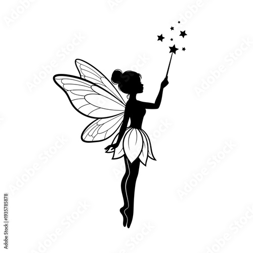 Fairy Silhouette with Magic Wand – Elegant Winged Pixie Fantasy Vector Illustration