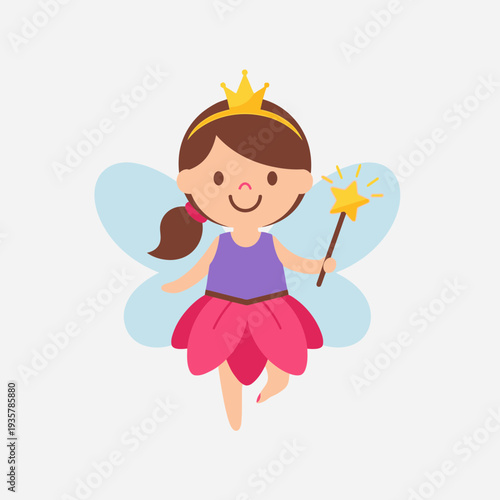 Cute Fairy Princess Cartoon Illustration – Magical Girl with Wand Vector Icon