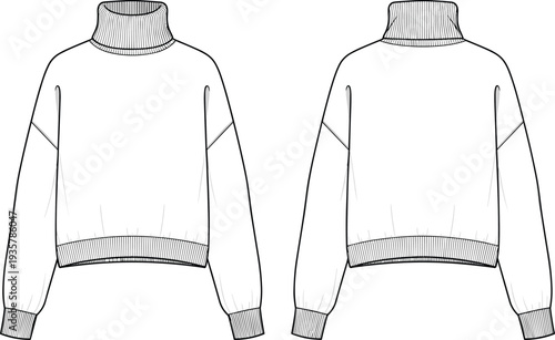 White turtleneck sweater technical fashion sketch, long sleeve knit pullover cad drawing flat vector illustration, winter clothing template for design