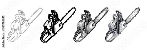Set of four chainsaw illustrations showing different artistic techniques from simple outline and silhouette to detailed engraving and stippling styles in a monochrome palette