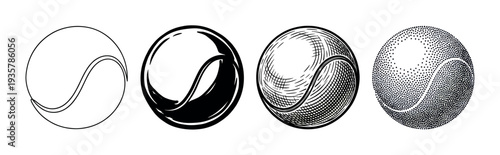 Set of four tennis balls illustrated in various artistic styles, showcasing a progression from simple line art to a graphic icon, vintage engraving, and detailed stippling