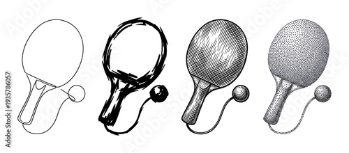 Four table tennis paddle and ball illustrations showing different artistic styles, including line art, sketch, engraving, and stippling for sports and recreation concepts