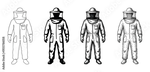 Beekeeper suit and apiarist uniform illustrations in four different black and white graphic styles, from simple line art to a detailed vintage woodcut effect