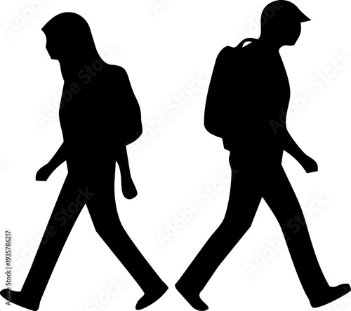 Silhouettes of a man and a woman walking with backpacks, facing opposite directions.