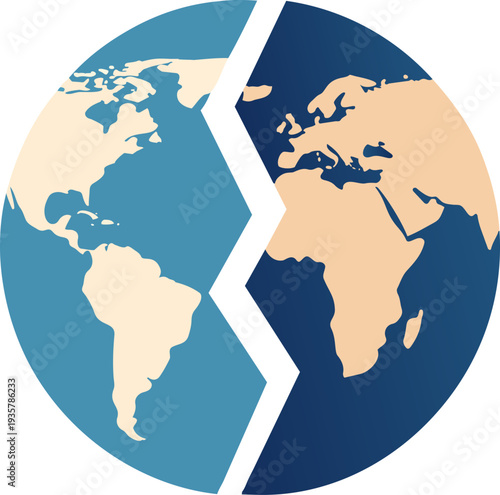 A globe of the Earth is depicted with a jagged crack down the middle, symbolizing global division, conflict, or a broken world.