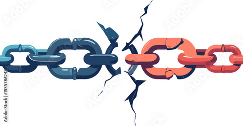 A vivid illustration of a strong metal chain breaking apart, symbolizing separation, weakness, or the end of a connection.